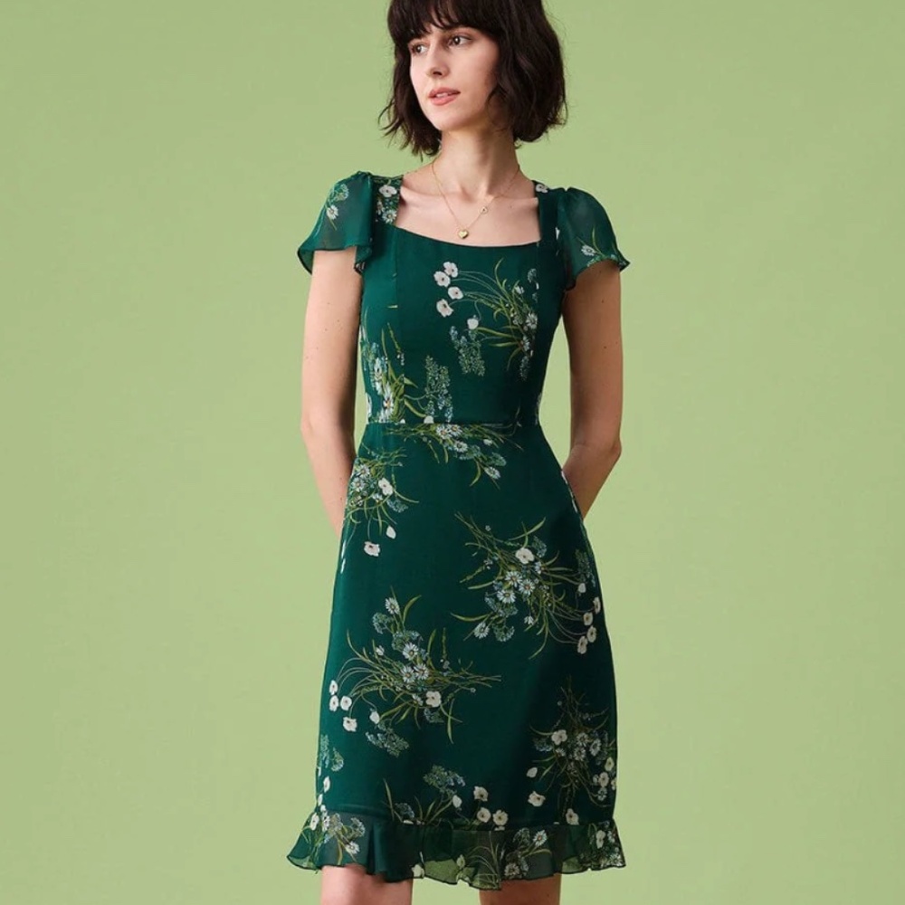 Rihoas Green Floral Dress Women's Medium Open Back Square Neck